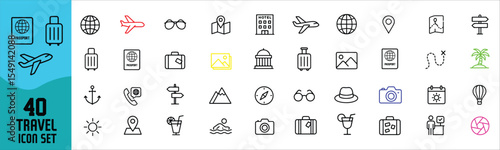 Line Icon Set of Travel Symbols in Minimalist  Vector Style.journey, airplane, passport, luggage, map, globe, destination, trip, adventure, location, navigation, hotel