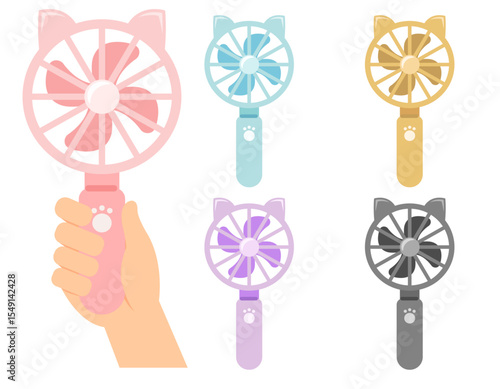ネコ耳ハンディファンと手持ちイラストのカラーバリエーションセット（ベクター素材セット）