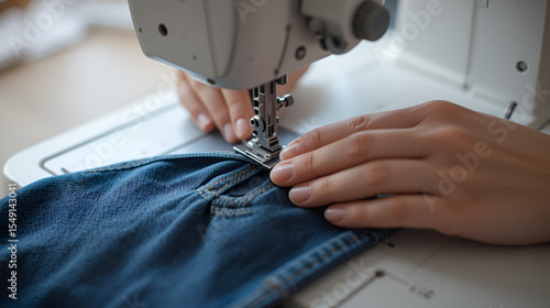 Untitled Sewing work. Stitching a hole in jeans with a sewing machine. Seamstress sews with jeans cloth. Darning jeans on a sewing machine. Seamstress sews on a sewing machine. Tailoring.
