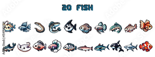 A collection of twenty diverse cartoon fish illustrations, showcasing various species and styles.