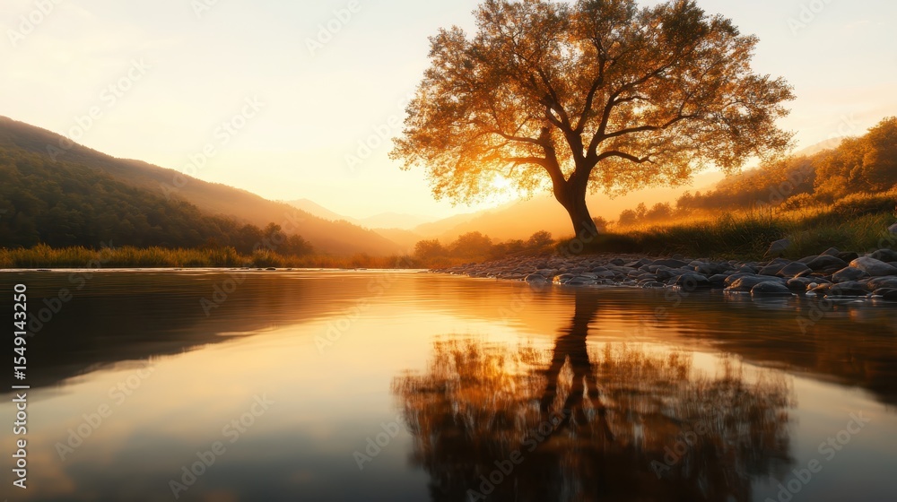A stunning silhouette of a lone tree against a vibrant sunset reflected on a serene river, symbolizing peace and the beauty of nature's transition from day to night. A stunning silhouette of a lone tree against a vibrant sunset reflected on a serene river, symbolizing peace and the beauty of nature's transition from day to night.