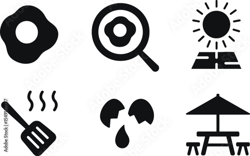 Black silhouette icon set for National Sidewalk Egg Frying Day. Solid black vector pictograms featuring fried egg, frying pan, sunny sidewalk, sun rays, heat waves, outdoor cooking, spatula, summer he