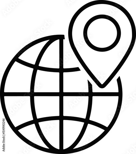 Minimalist Flat Style Hollow Globe with Outlined Meridians and Nearby Hollow Location Pin on White Background