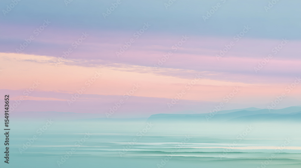 Naklejka premium Dreamy Pastel Landscape with Misty Mountains and Serene Horizon