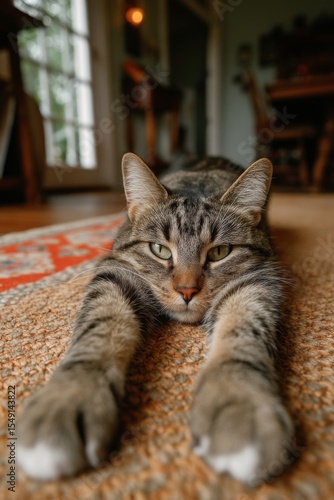 Gray Tabby Cat Stretching on a Rug