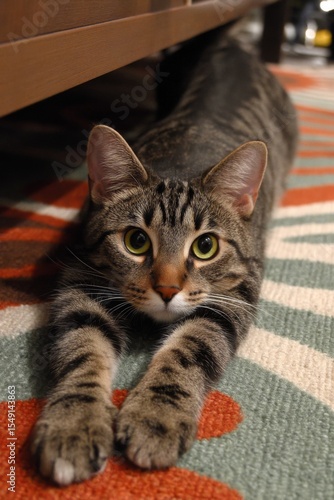 Tabby Cat Stretching on a Colorful Rug