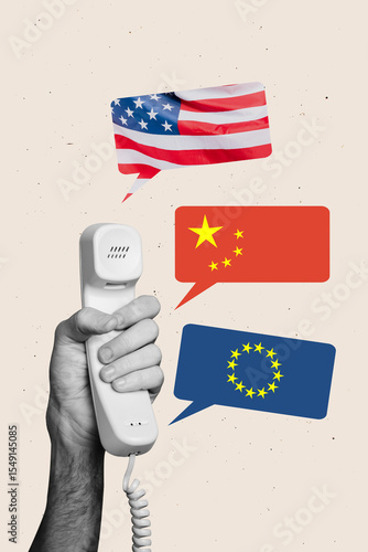 Photography Art image vertical collage of hand hold telephone handset bubble america china e