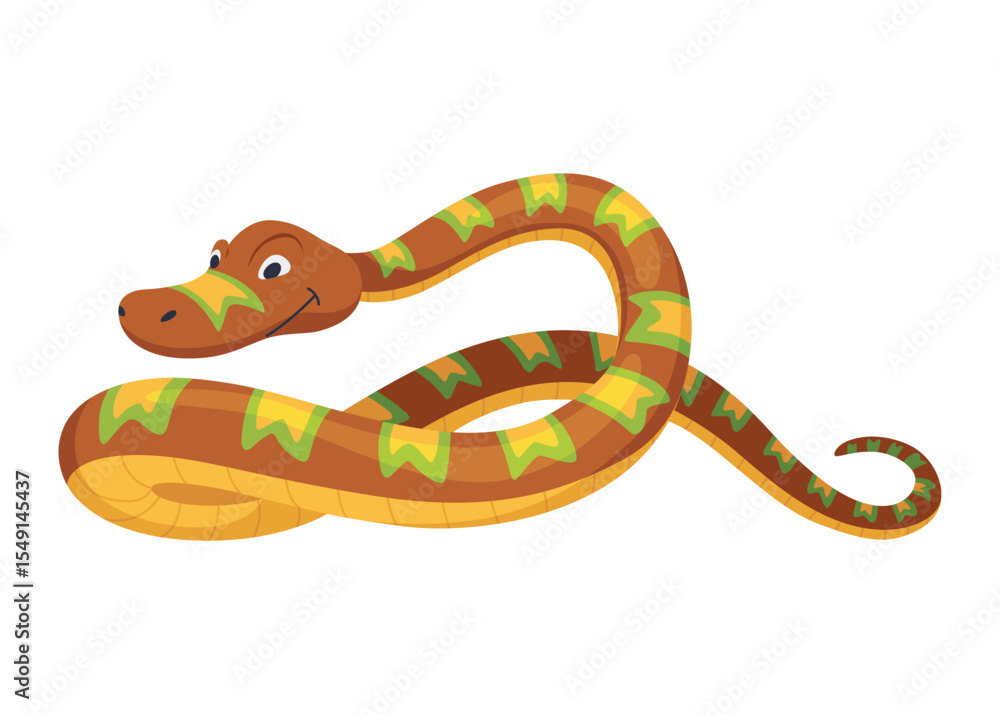 Obraz premium Cartoon color snake. Cute smiling animal, funny reptile of wild tropical nature. Flat vector isolated illustrations for kids design