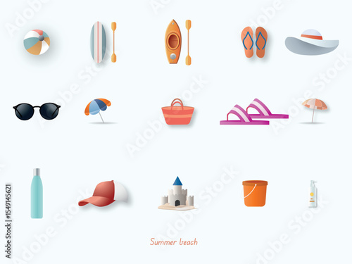 Summer beach icons representing vacation activities and essentials