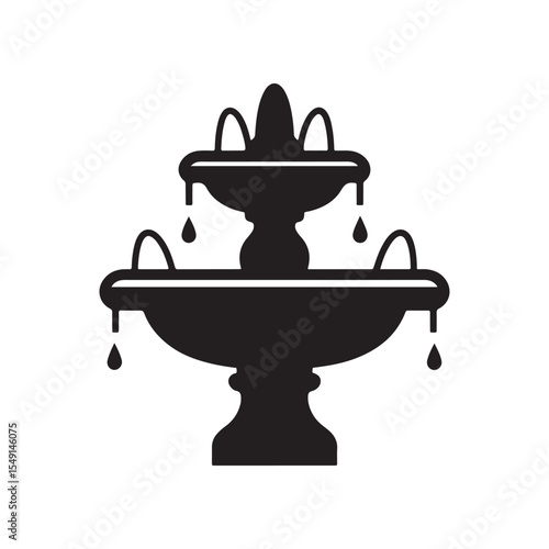 Ornate Tiered Water Fountain Silhouette with Water Droplets - Elegant Vector Icon for Gardens and Estates