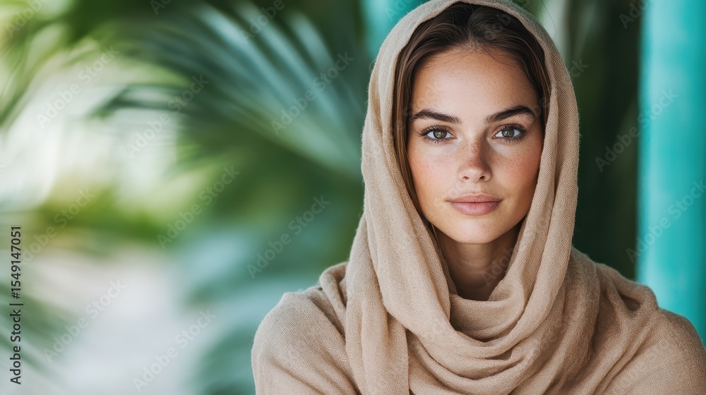A beautiful young woman adorned with a flowing headscarf poses gracefully against a backdrop of lush greenery, illustrating calmness and inner beauty in a natural environment. A beautiful young woman adorned with a flowing headscarf poses gracefully against a backdrop of lush greenery, illustrating calmness and inner beauty in a natural environment.