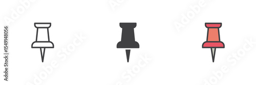 Push pin icon set in line, solid and filled outline style