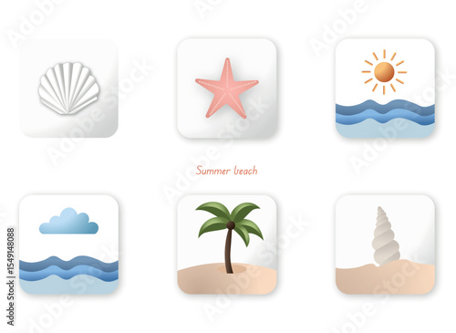 Summer beach icons representing seashells, starfish, sun, waves, palm tree, and cloud