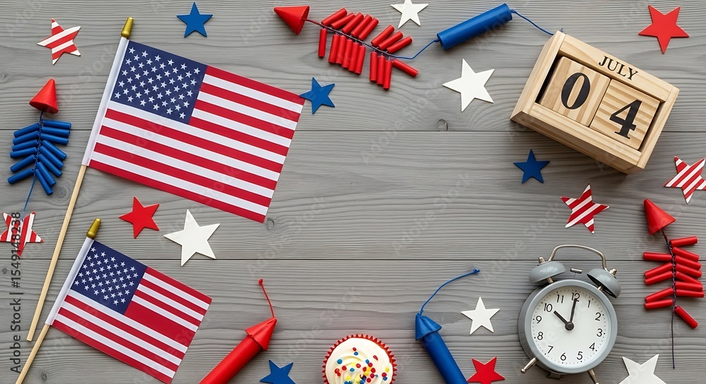 Fototapeta premium Fourth of july celebration elements including american flags fireworks and a calendar on a wooden background