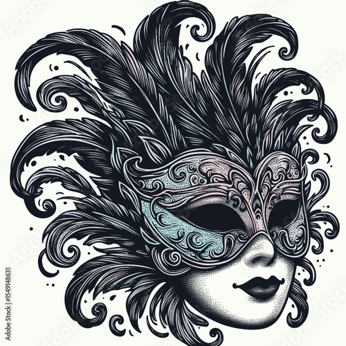 Woman smiling in feathered masquerade mask