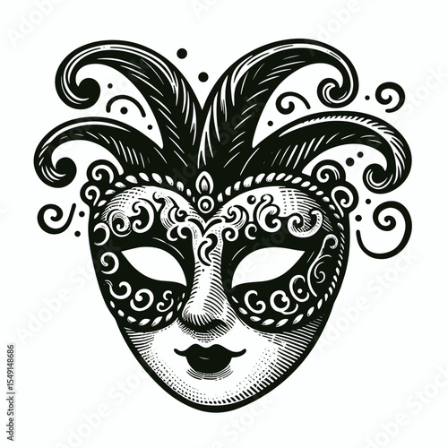 Ornate female mask in black and white