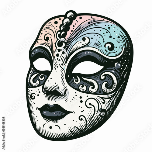 Ornate female mask in black and white