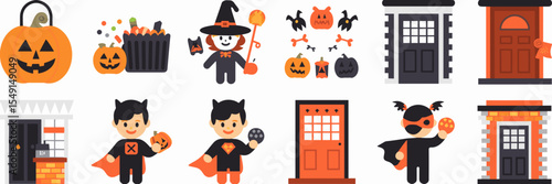 Trick-or-treat icon set with kids in costume, candy bag, and door knocking – Suitable for holiday apps, children’s media, or Halloween branding