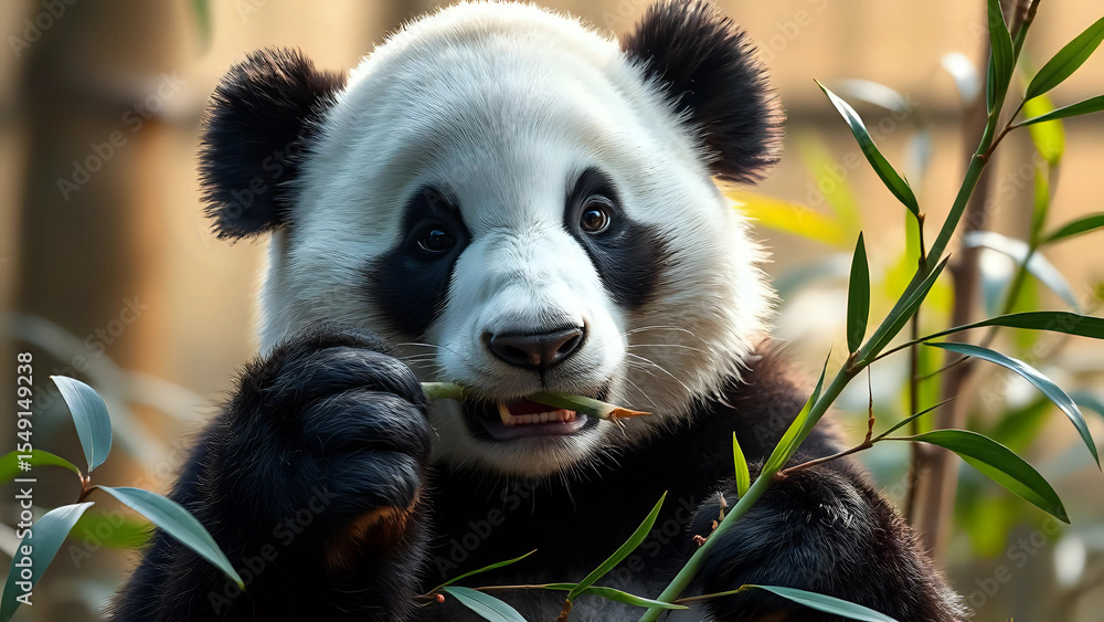 Obraz premium Portrait of giant panda eating bamboo, zoo background 