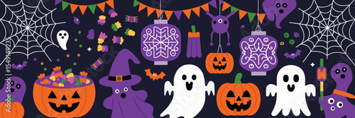 Halloween party items vector with candy, lanterns, webs, and decorations – Great for seasonal web graphics, party promotions, or holiday packaging