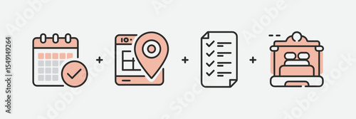 Minimal vector icons of holiday planning tools in a row – Great for travel apps, itinerary websites, or booking platforms