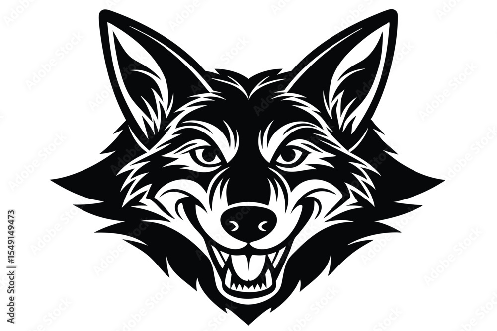 Naklejka premium Black and white fox head with visible teeth displays aggressive features