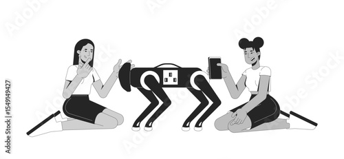 Two diverse young women interacting with robot dog 2D line characters. Black girl taking photo mobile of quadruped robotic pet isolated vector ink outline people. Monochromatic spot illustration