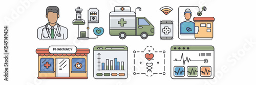 Vector illustration of digital health service icons – Ideal for telehealth platforms, pharmacy delivery systems, or health dashboards
