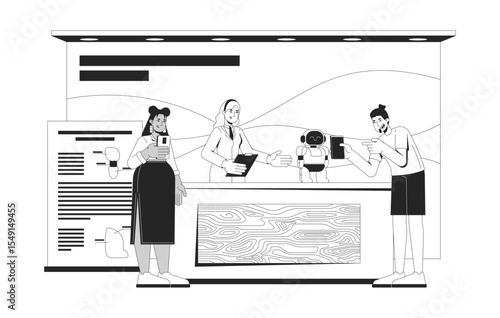 Robot demo at science fair booth with engaged diverse attendees 2D line characters. STEM female engineer showcasing robotics isolated vector ink outline people. Monochromatic spot illustration