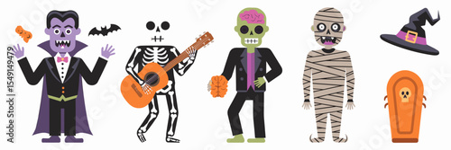 Halloween costume vector icons with vampire, skeleton, zombie, mummy, and witch hat – Perfect for party invites, spooky merchandise, or seasonal digital designs