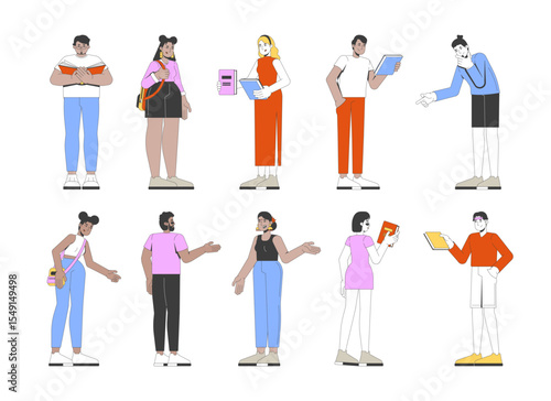 Multicultural young adults standing and engaged with books 2D cartoon characters set. Diverse students bookstore visitors readers flat vector people isolated on white. Spot illustrations collection