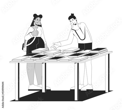 Girl student backpack and man pointing at book table discussing preferences 2D line characters. Bookstore library attendees diverse isolated vector ink outline people. Monochromatic spot illustration