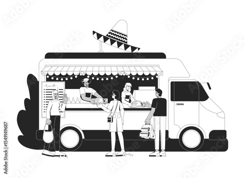 Crowded mexican food truck with tacos handoff 2D line characters. Friendly vendors serving cultural meal to diverse customers isolated vector ink outline people. Monochromatic spot illustration