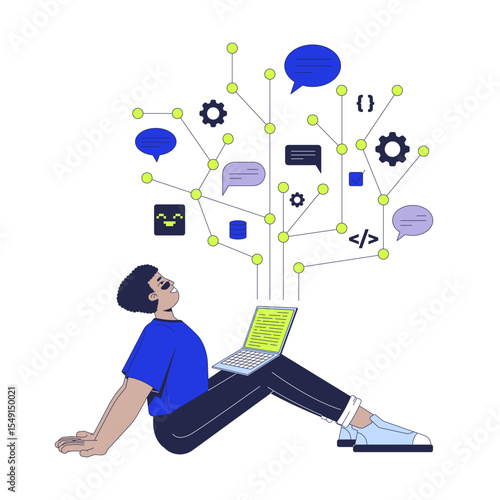 Joy of programming 2D illustration concept. IT school course. Coding education. Dev elearning. Developer student sitting with laptop cartoon character isolated on white. Flat abstract vector metaphor