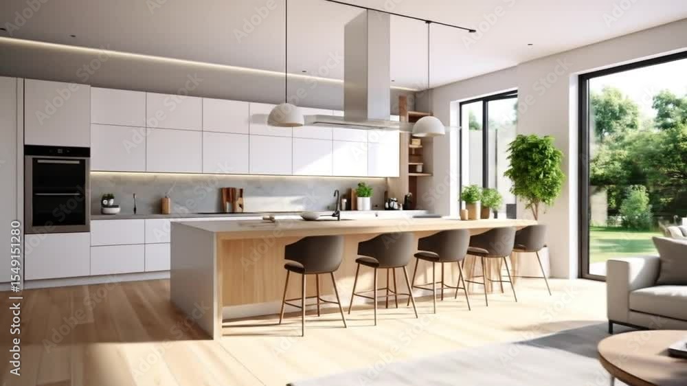 Modern Interior Design: Open Concept Kitchen and Living Room with Garden View, Bright and Airy Modern Interior Design: Open Concept Kitchen and Living Room with Garden View, Bright and Airy