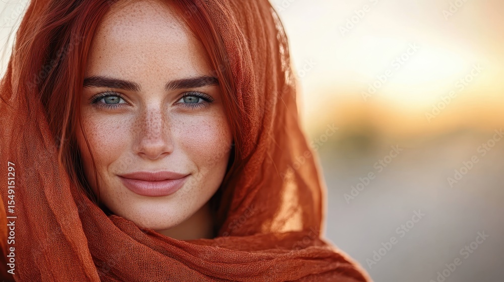 A captivating portrait of a woman wearing an elegant orange scarf, with striking blue eyes and freckles, radiating warmth and beauty against a softly lit background. A captivating portrait of a woman wearing an elegant orange scarf, with striking blue eyes and freckles, radiating warmth and beauty against a softly lit background.