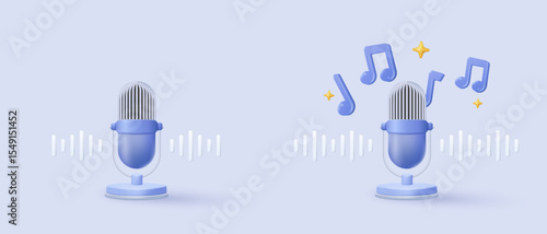 3d microphone with music note is symbol denoting a musical sound. mic record for music singing and audio tune or harmony tone concept. 3d microphone and melody notes icon vector render illustration