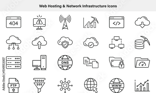 Black and White Web Hosting, Network Infrastructure and Development Icons, Line Art Style, Graphics