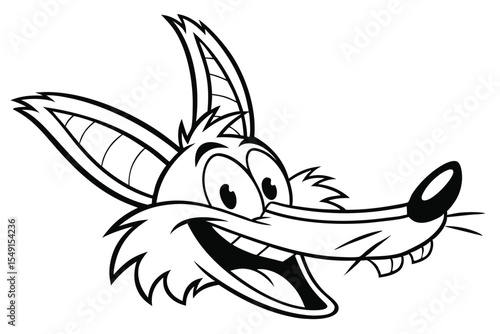 A monochrome cartoon coyote with a wide smile displays its front teeth