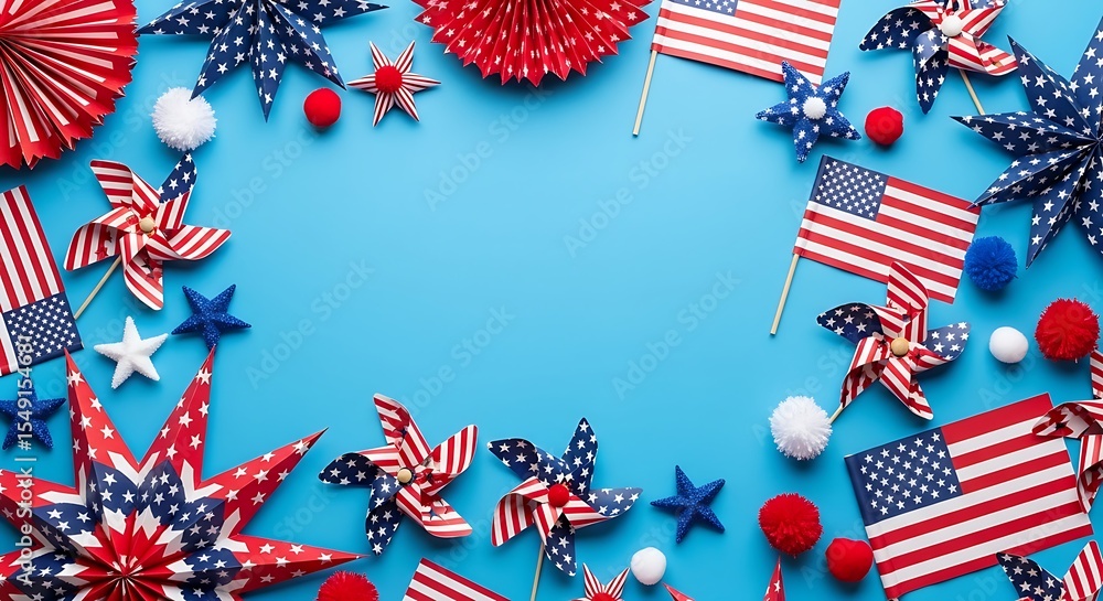 Obraz premium Festive american patriotic decorations and flags arranged on a blue background