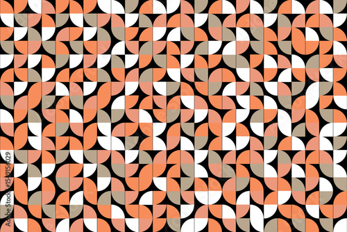 Color bauhaus style seamless pattern. Modern ornament with grid and tile geo squares, semicircles and half-circles. Abstract geometric retro background for cloth, card, textile, fabric.