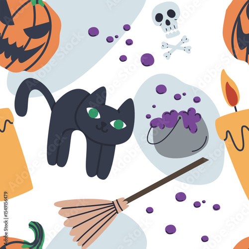 Halloween Illustration, Skull, Bones, Skeleton, Pumpkin, Witch, Cat, Spooky, Happy Halloween
