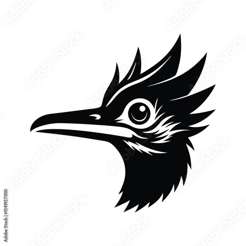 A black silhouette art of a roadrunner head with sharp crest.eps