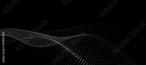 Wave of flowing particles on a dark background. Abstract backdrop with dynamic elements of waves and dots. Vector illustration