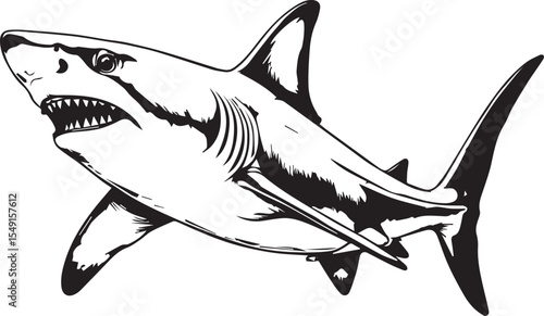 Apex Predator: A grayscale depiction of a shark, showcasing its formidable presence and raw power, with a sharp focus on detail.