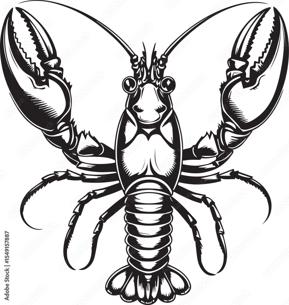 Ταπετσαρία Lobster illustration: A detailed monochrome illustration of a lobster showcases the crustacean's formidable claws, segmented body, and intricate features