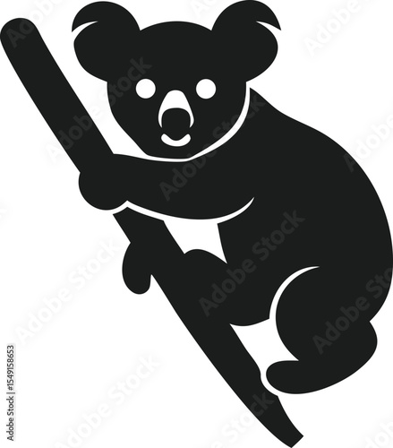 Minimalist black silhouette design depicting a koala clinging to a branch vector art