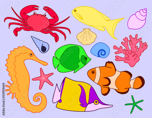 set of funny cartoon sea animals