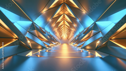 Fototapeta Naklejka Na Ścianę i Meble -  Abstract futuristic geometric tunnel with metallic surfaces and illuminated pathways into the distance