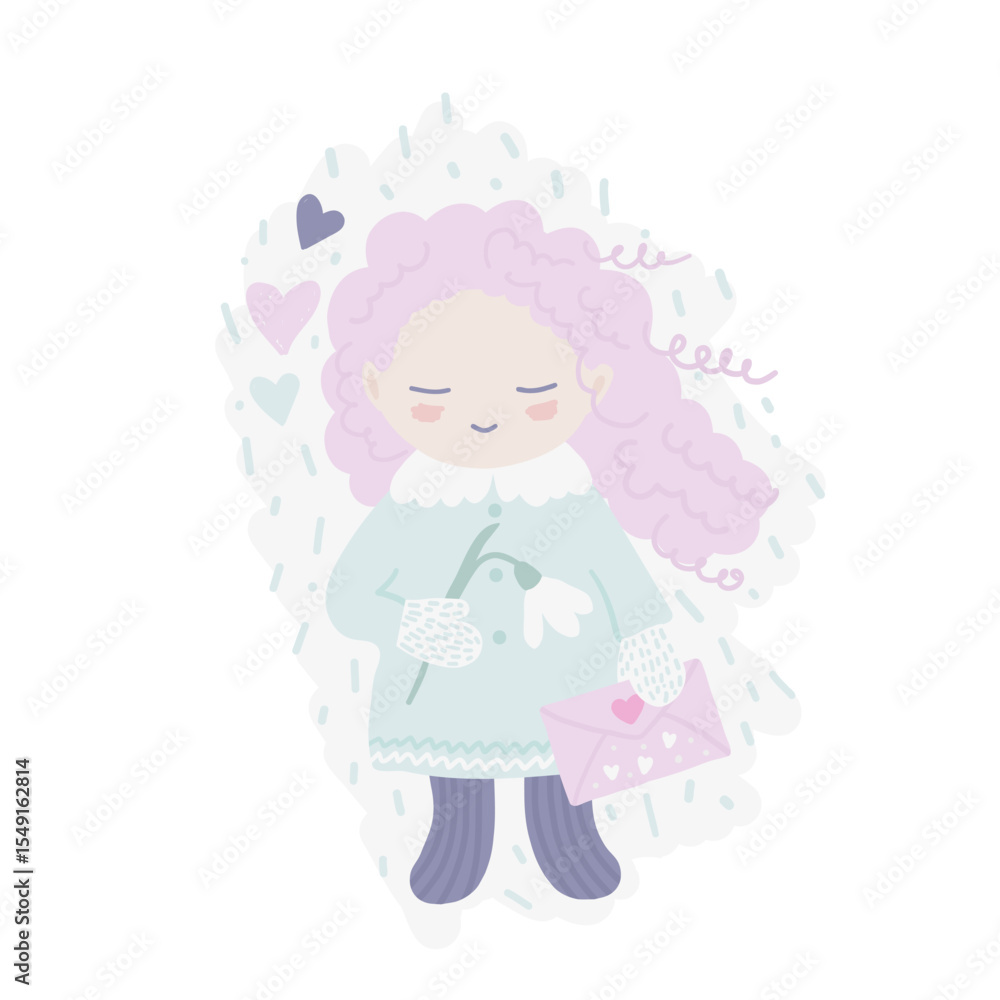 Obraz premium Smiling, happy child holding a snowdrop, cute love young girl in pastel colors